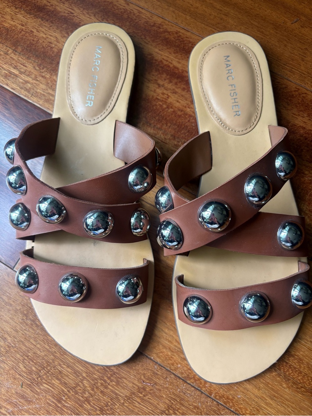 Marc Fisher Brown Leather Slide Sandals with Silver Studs